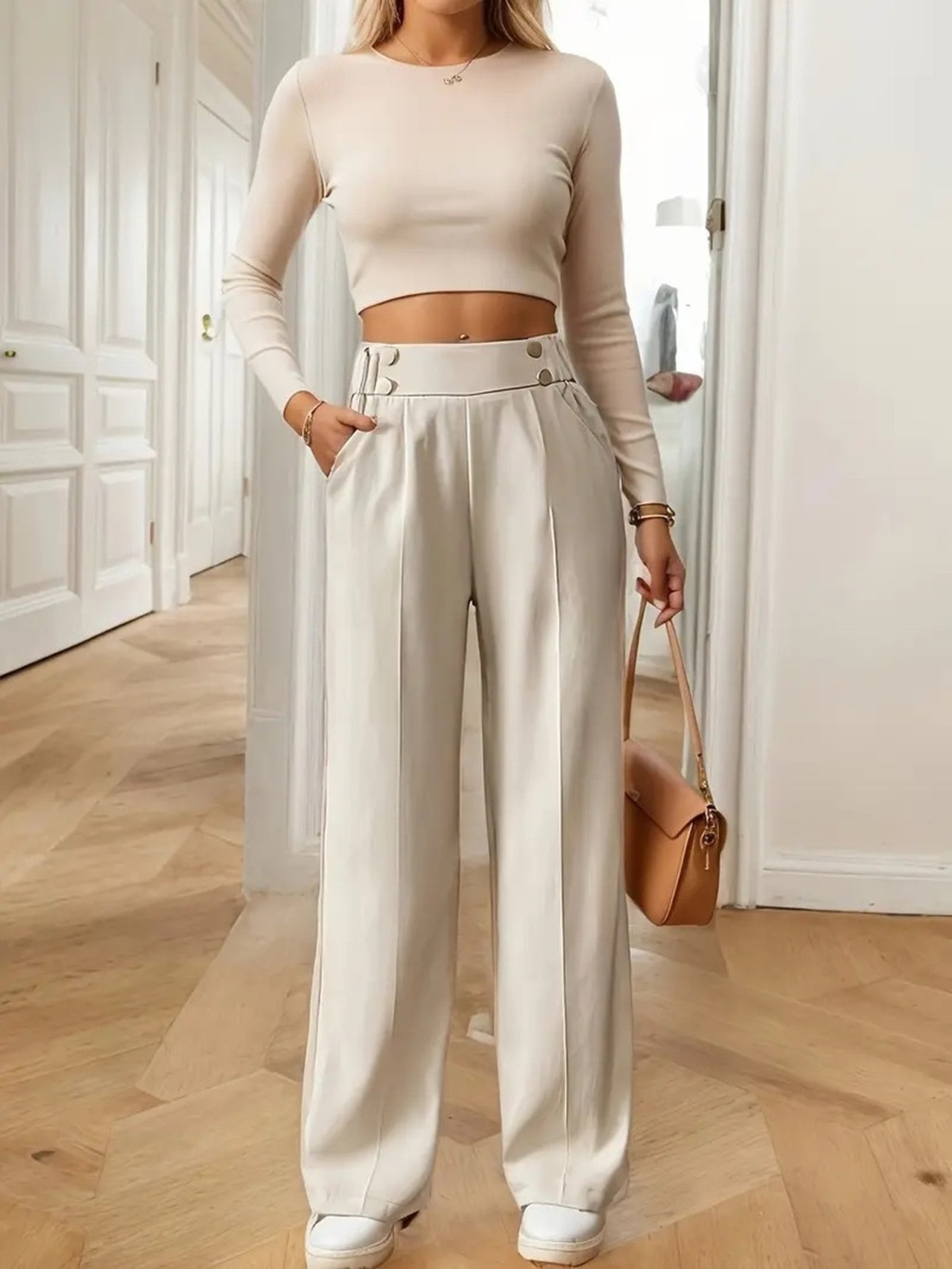 High-Rise Wide Leg Pants in Cream with Button Detail